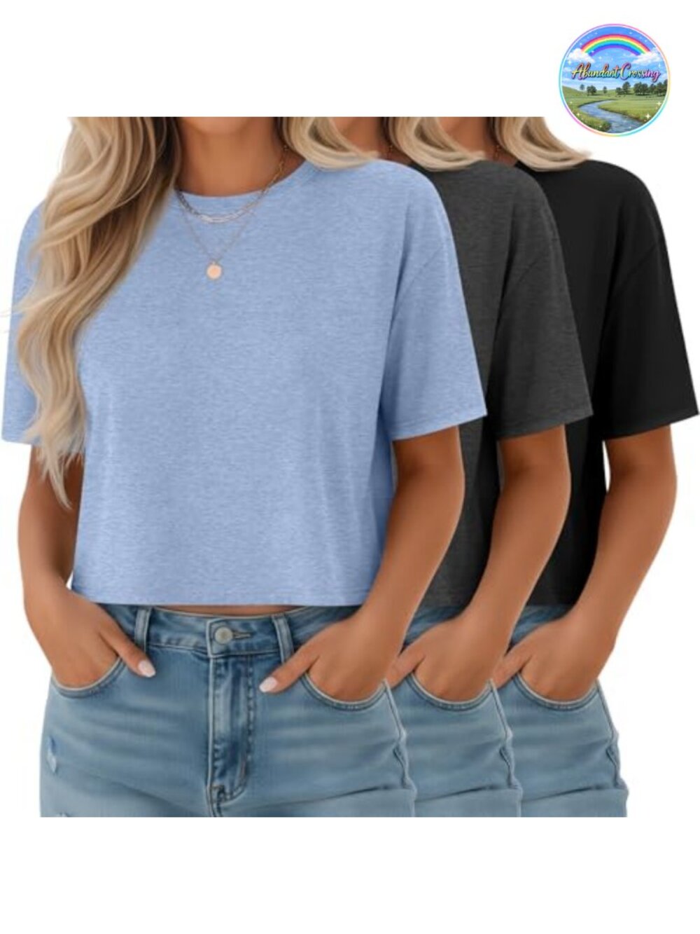 Half Sleeve Crop Tops 3 Pack Women's Scoop Neck Tees